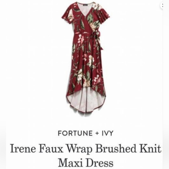 Fortune+Ivory Irene Faux Wrap Brushed Knit Red Floral V-Neck Maxi Dress Size L - Picture 6 of 7